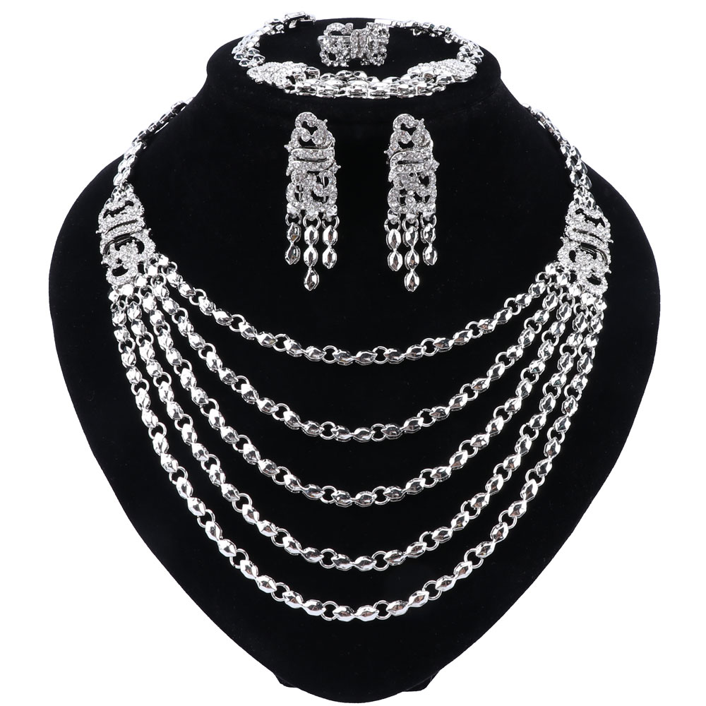 

Silver Plated Jewelry Sets For Women African Beads Necklace Earrings Bracelet Rings Party Wedding Bridal Accessories