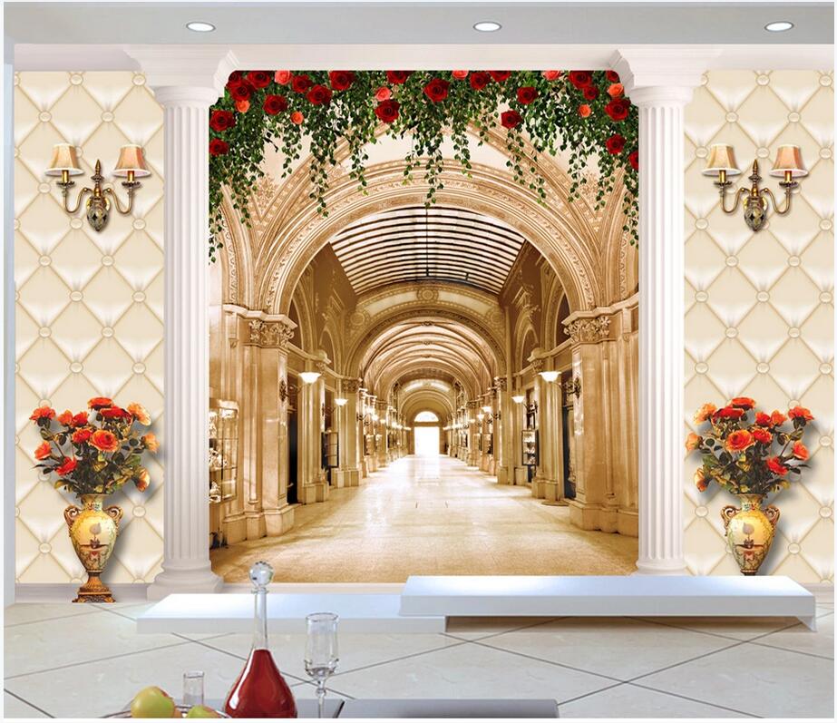 

3d wallpaper stickers custom photo European style hall corridor soft package column rose flower vine vase background wallpaper for walls 3 d, Non-woven wallpaper