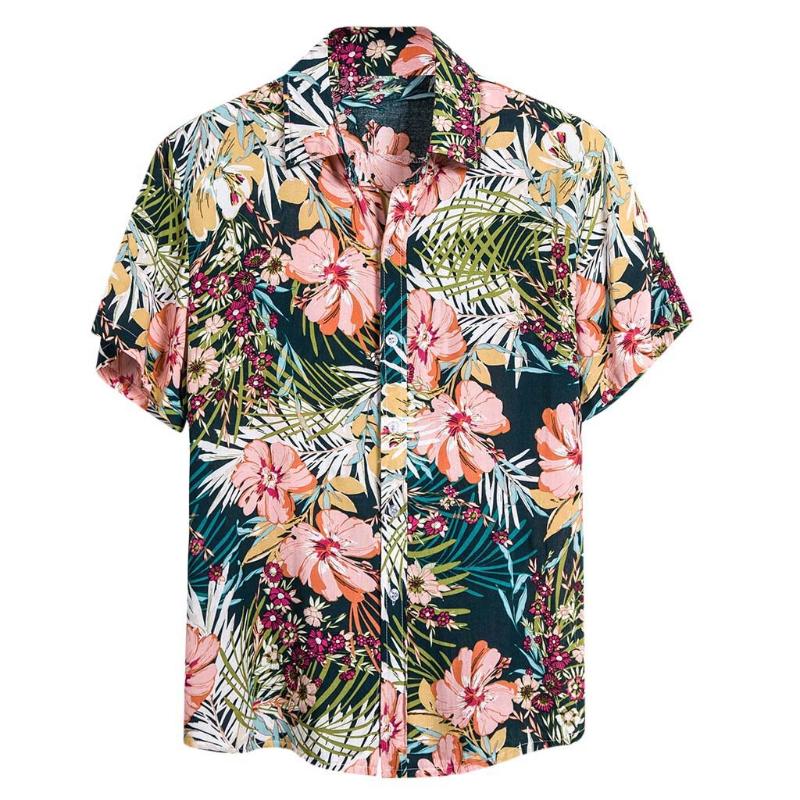 

Casual Short Sleeve Shirt Hawaiian Print Men's Shirt Baggy Beach Button Retro Turn Down Collar Male Blouse Tops Camisa masculina, Flower