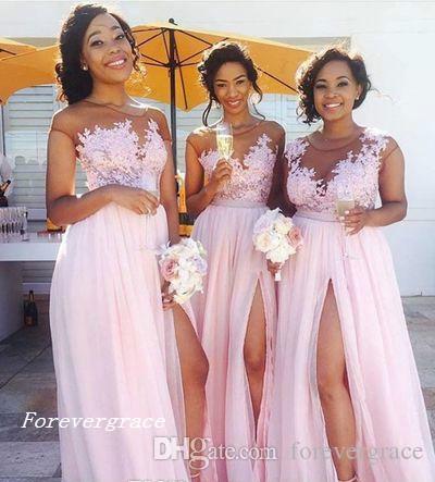 

2019 Light Pink Long Bridesmaid Dress Cheap Split Side Appliques Chiffon Garden Wedding Party Guest Maid of Honor Gown Plus Size Custom Made