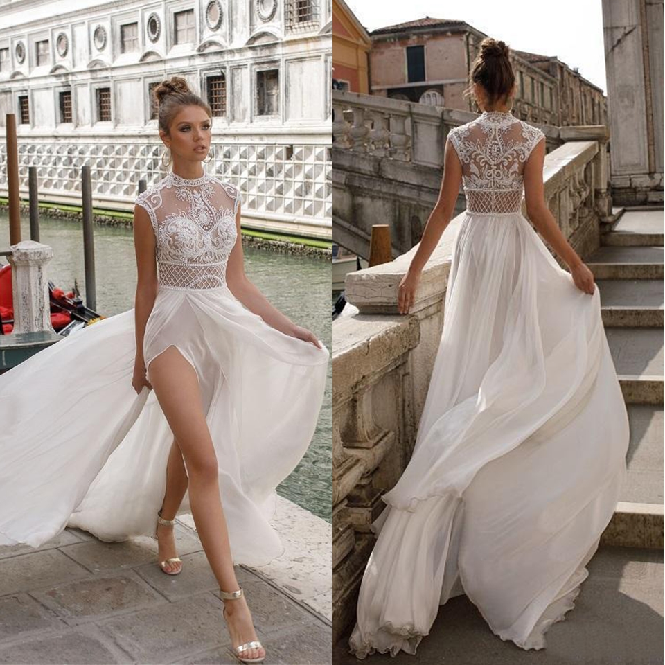 Livraison Gratuite Haute Fentes A-ligne Robes De Mariée Bohême Sexy Dentelle Appliqued Robes De Mariée Une Ligne Plage Robe De Mariée