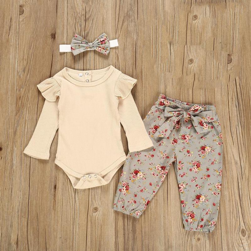 

Newborn Baby Girl Clothes Sets Infant Long Sleeves Romper Tops+Floral Pants+Headbands Set Outfits Infant Baby Girl Clothing Set, Khaki
