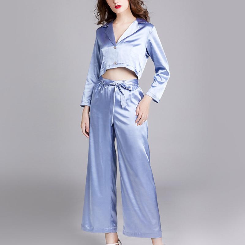 

Spring Women Pajama Set Rayon Sleepwear Long Sleeve Trousers Two Paper Suit pijama mujer invierno algodon liso #C, Blue