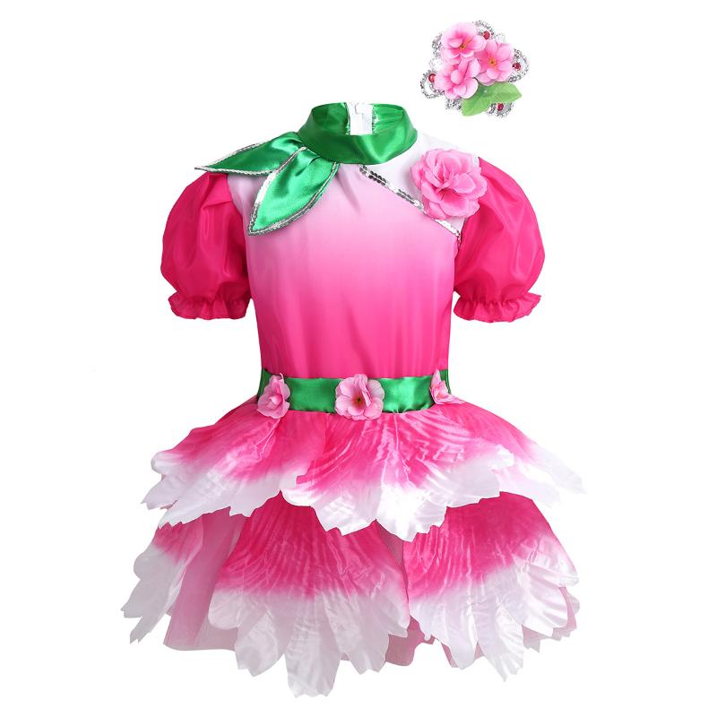 

Kids Girls Puff Sleeves 3D Flower Dance Leotard Mesh Ballet Tutu Dress with Headwear Modern Ballroom Stage Performance Costume, Rose pink