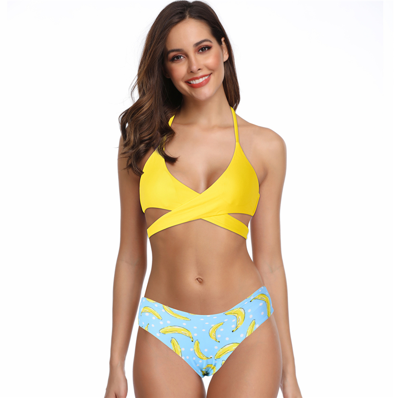 

Trendy sexy woman bikini swimsuit summer cool party beach sexy temptation yellow banana white sunflower swimwear
