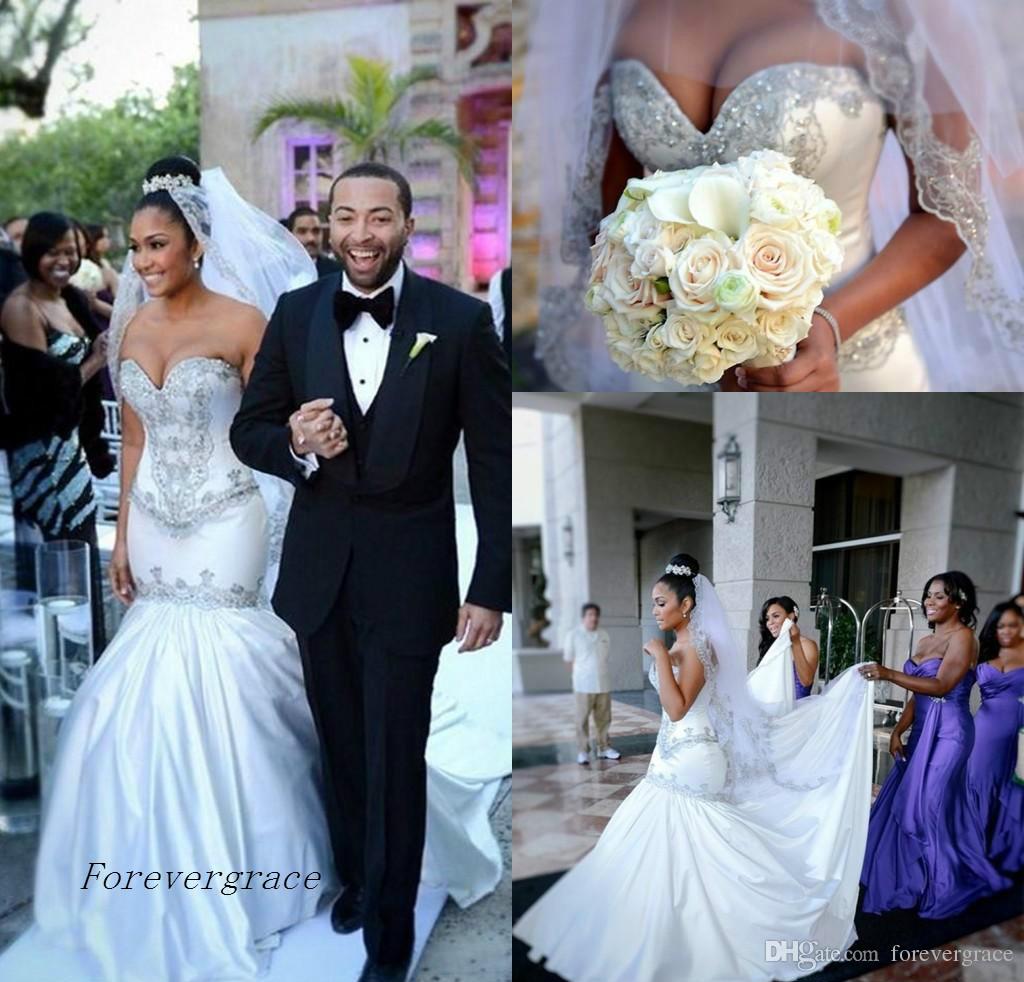 

2019 Shiny South Africa New Arrival Wedding Dress Mermaid Sweetheart Beaded Crystls Long Garden Formal Bridal Gown Plus Size Custom Made, Silver