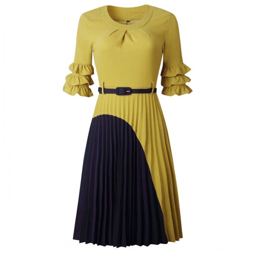 

Women Summer Autumn Office Dress 2019 Lady O-Neck Fashion Casual Midi Dresses Elegant Cute Female Pink Pleated Dress Vestidos, Green