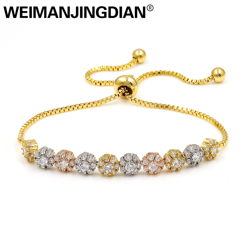 

Link, Chain 3 Colors Fitted Together Flower Design Cubic Zirconia Crystal Adjustable Zircon CZ Drawstring Strand Bracelets For Women