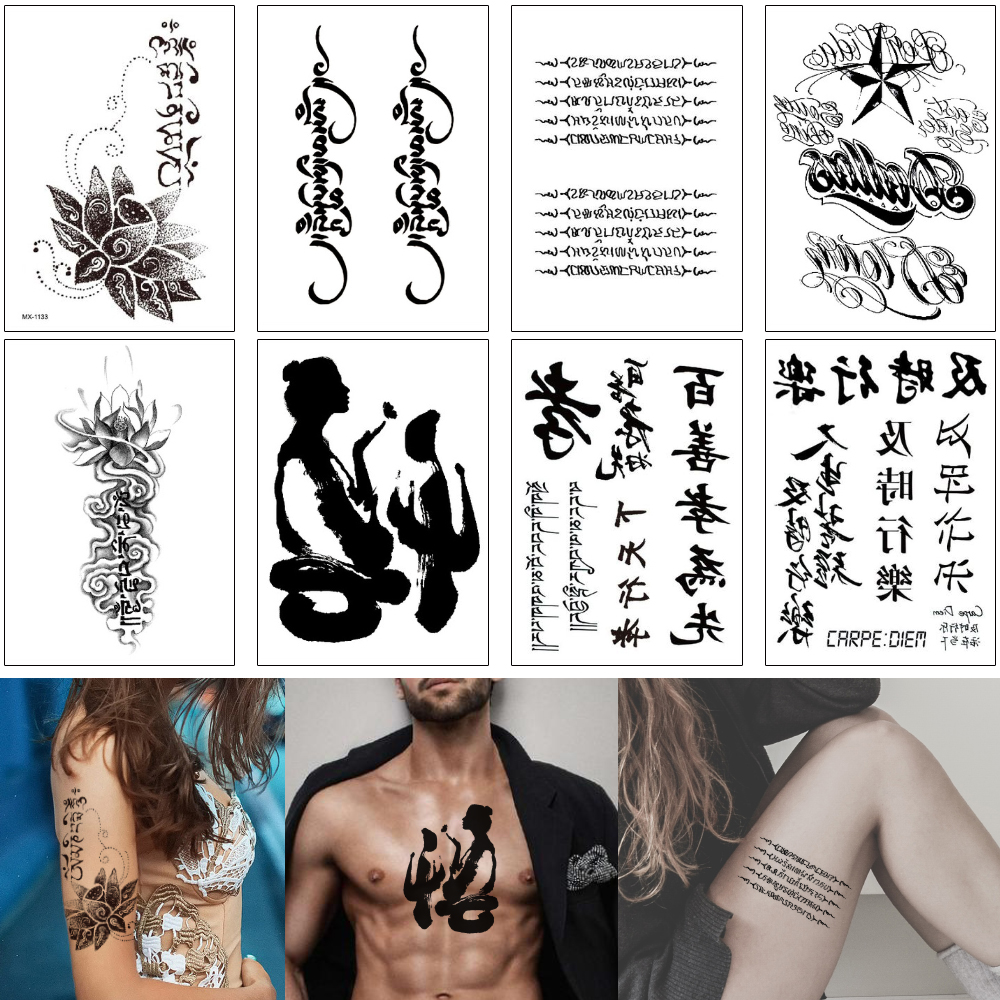 

Fake Black Chinese Tattoo Word Lotus Flower Temporary Waterproof Body Art Tattoo Sticker for Woman Man Arm Leg Back Makeup Inner Peace Decal