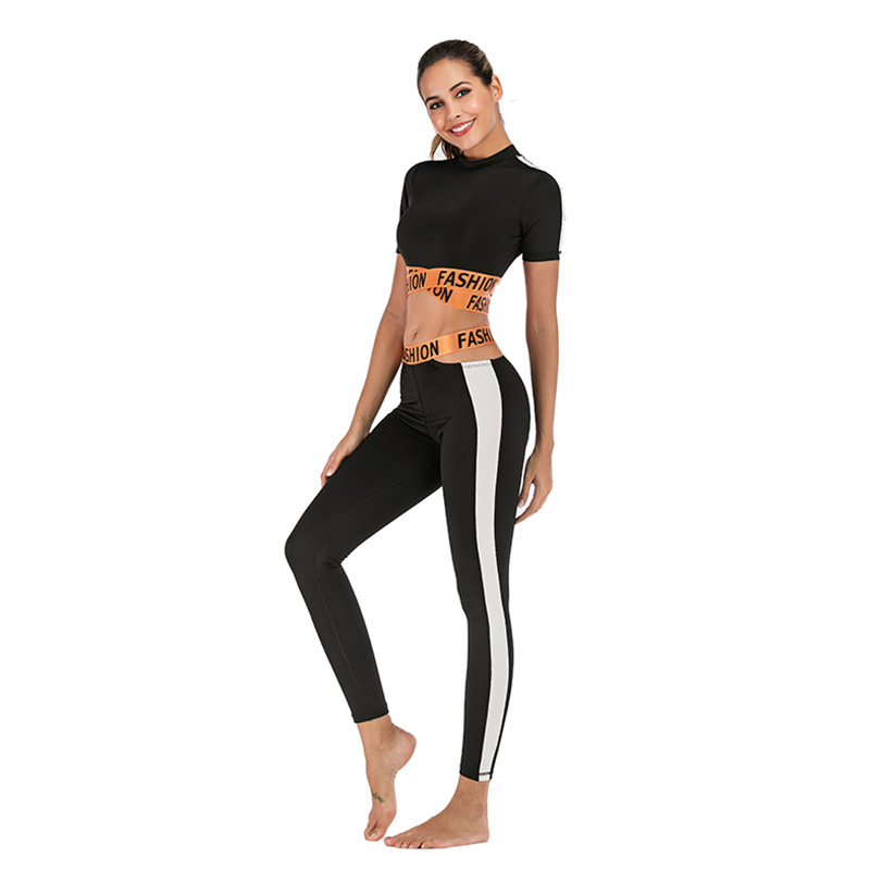 

2020 Women Yoga Suit Short Sleeve Strap Orange Fashion Bandage Splice Color Breathable Sports Leggings Fitness Yoga Set Gym Set, Black