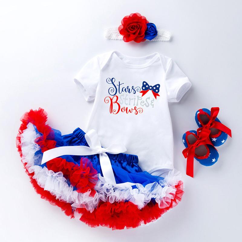 

Letter Print Clothes Sets Baby Girls Newborn Toddler Independence Day Romper Skirt Headband Shoes Outfits Set vestiti bambina, White