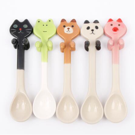 

Cartoon Animal Hanging Spoon Ceramic Coffee Tea Sauce Spoon Scoop Stirring Panda Bear Frog Cat Spoon Tableware