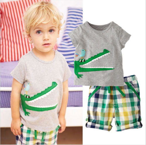 Cartoon Crocodile Print Baby Kids Boys Clothes Set 2016 New Arrival Fashion Hot Sale T-shirt and Striped Pants Summer Wear-image-470828644