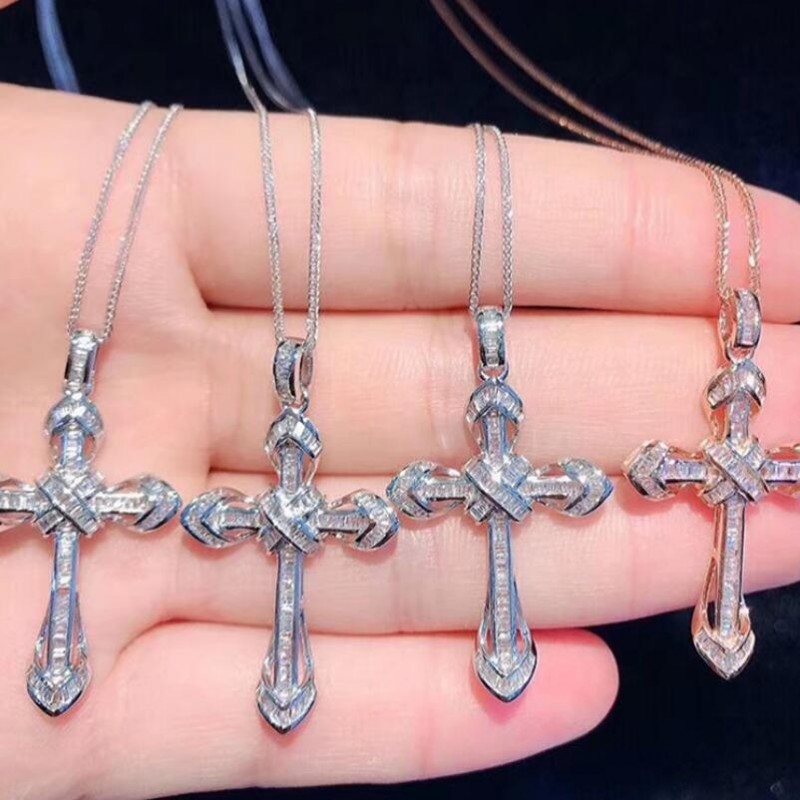 Bijoux de luxe étincelants en argent sterling 925, coupe princesse, topaze blanche, cristal CZ, pendentif croix pour femmes, collier clavicule, c