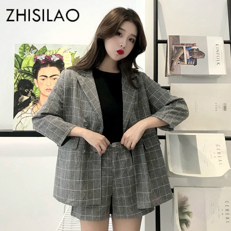 

Plaid Blazer Set Women Elegant Office Suit Women Work Lattice Two Piece Set Jacket Blazer Coat+ Mini Shorts Female Tracksuit, Beige