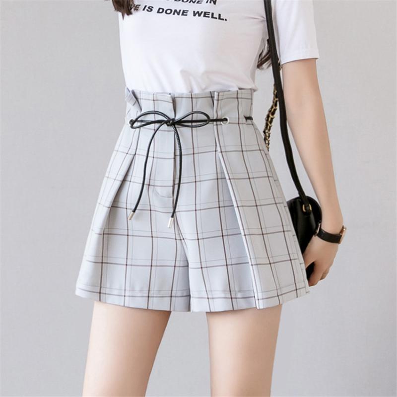 

Gowyimmes 2020 Spring Women Plaid Shorts Lady High Waist Bud shorts Big Size Girl Sashes Wide Leg Hot PD735, Gray