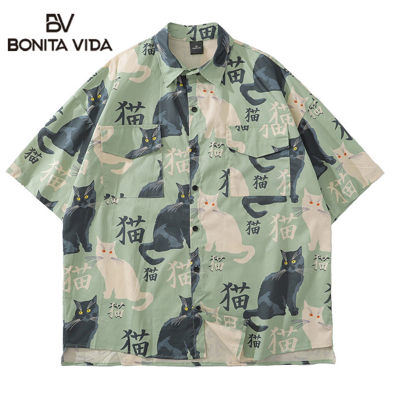 

Bonita Vida Cat Print Short Sleeve Hawaiian Beach Shirts Men Summer Harajuku Casual Holiday Tropical Shirt Men Fashion Tops, Black