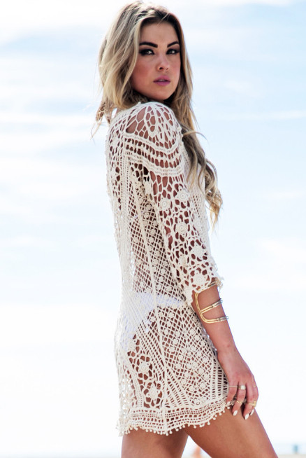 

2018 Sexy Summer Women Swimwear New beach bikini smock pure color lace hook flower bud silk unlined upper garment hollow-out smock