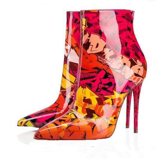 

New Designer Mixed Colors Print Patent Leather red bottom Ankle Boots Pointed Toe Stiletto Heels Martin Boots Ladies Spring Winter Shoes Zip, Colour1