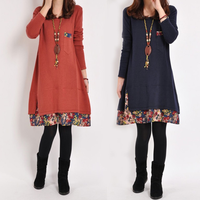 

Winter Dress Plus Size Vintage Women Dress Autumn Floral Printed Pocket Streetwear Patchwork Long Sleeve Loose, Black