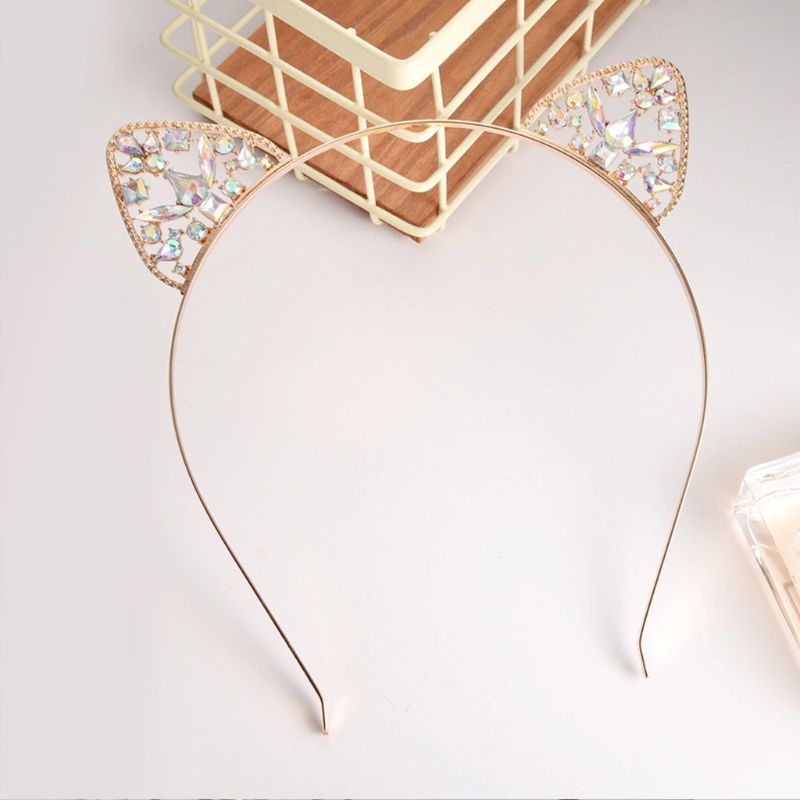

Women Girls Metal Alloy Headband Hollow Out Cat Ears Hair Hoop Colorful Glitter Rhinestone Decor Wedding Party Pho
