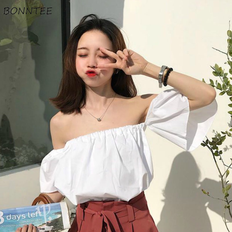 

Women's T-Shirt T-shirts Womens Summer Slash Neck Off Shoulder Solid Sexy Chic Loose All-match Crop Tops Elastic Girlish Fairy White, Black