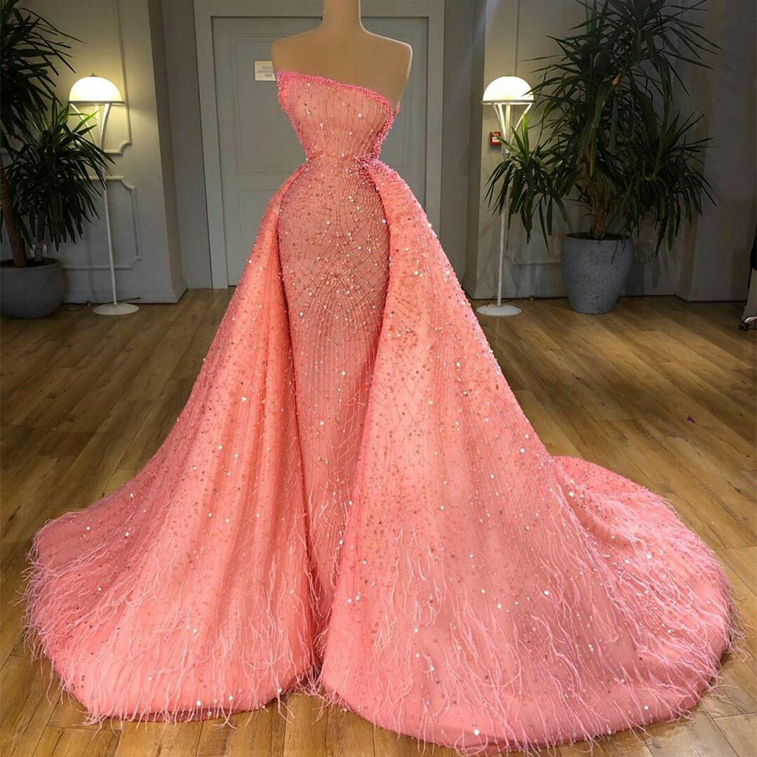 

2020 Gorgeous Sparkly Prom Dresses Appliques Beads Feather Party Gowns Custom Made Pink Detachable Train Evening Dress For Women, Same as picture