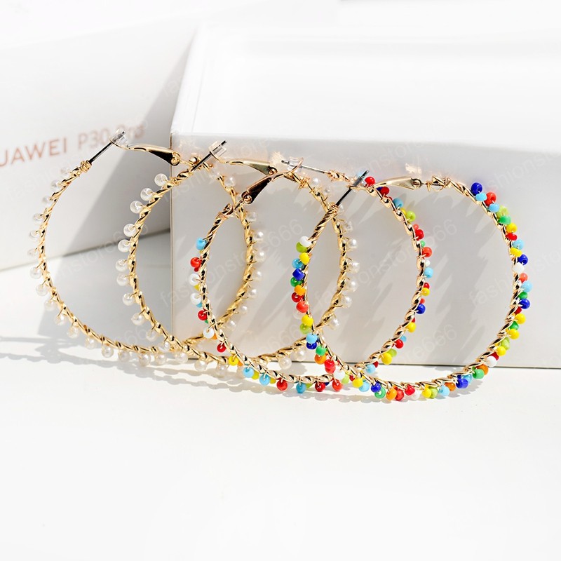 

Bohemia White Imitation Pearl Round Circle Hoop Earrings Women Big Gold Earings Korean Jewelry Brincos Statement Earrings, Golden;silver