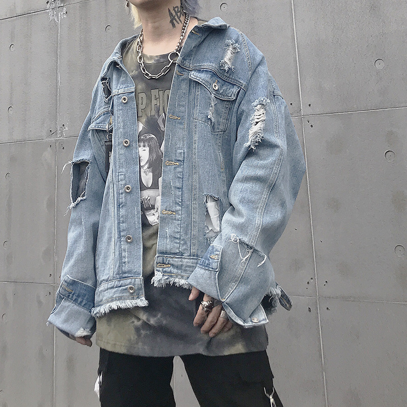

2019 F/W Damage Mens Denim Jacket High Street Hiphop Hole In Jackets Men Turn-Down Collar Long Sleeve Coat With Fringe, Black