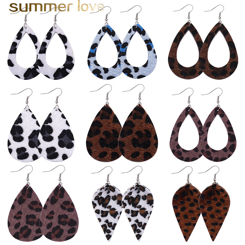 

New Designer PU Leather Leopard Printing Dangle Earring for Women Autumn & Winter Leaf Waterdrop Hollow Hook Drop Earring Fashion Jewelry