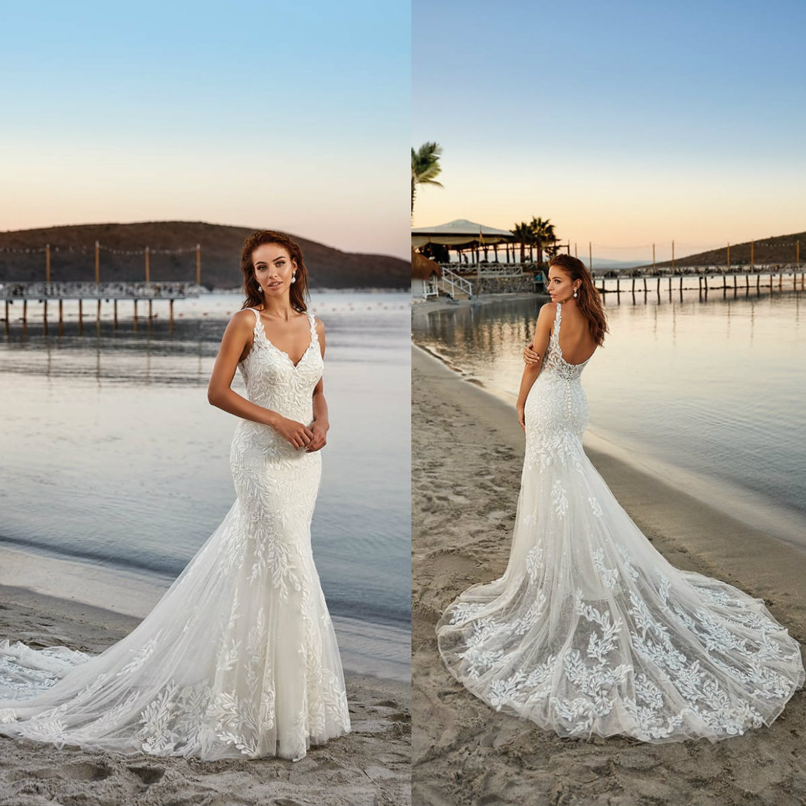 

Eddy K 2021 Wedding Dresses V Neck Sleeveless Open Back Bridal Gowns Custom Made Lace Appliques Sweep Train Mermaid Robe De Soiree, Silver