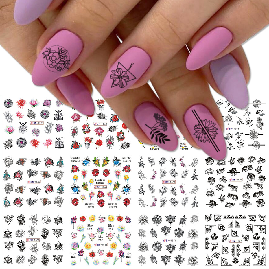 

12pcs Water Transfer Decals Floral Jewelry Nail Stickers Black Geometry Hollow Designs Wraps Slider Decoration Manicure Nails Art Supplies, As shown