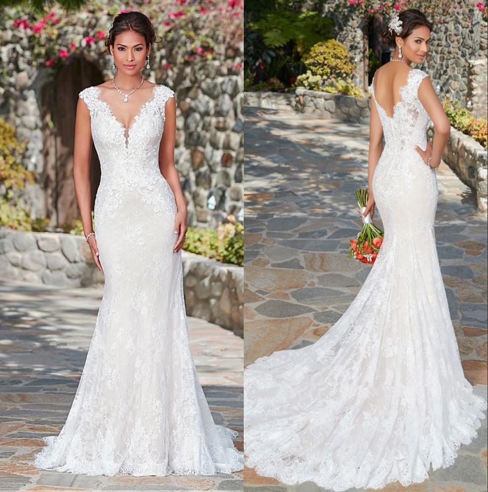 

Elegant V-neck Full Lace Mermaid Wedding Dress 2020 Cap Sleeves Applique Open Back Sweep Train Bridal Gowns With Buttons robes de mariée, Ivory