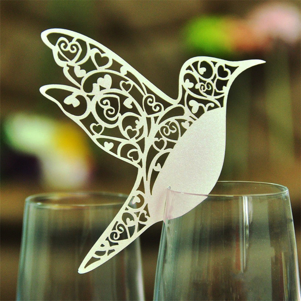 

Bird Cards Birthday Party Decor Place Card Laser Cut Paper Cards Flying Birds Cups Glass Wine 50pcs