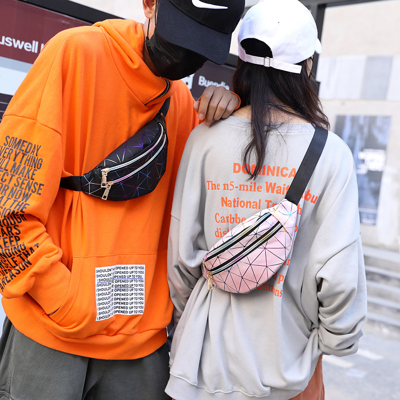 

New PU Leather Stitching Pattern Waist Pack Unisex Trend Chest Bag Colorful Waterproof Beach Laser Shoulder Crossbody Bag, Black