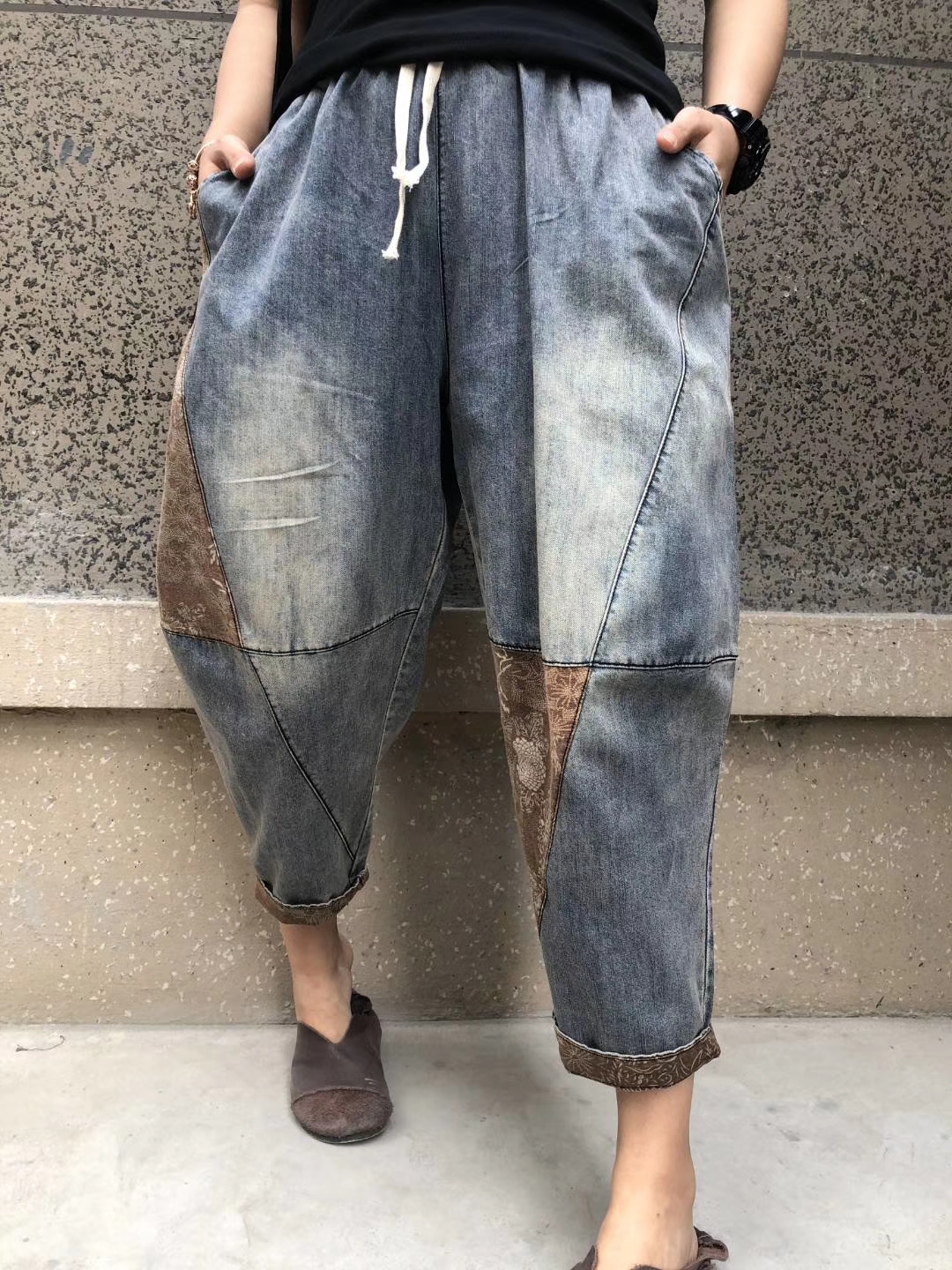 

The Blue Color Matching Elastic Waist Individuality Leisure Female Jeans Bk4612