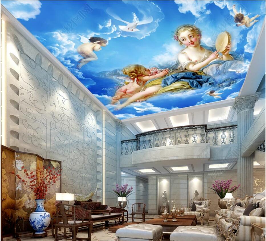 

3d ceiling murals wallpaper custom photo non-woven wall murals Fairy goddess angel cloud song European zenith home decor wall art pictures, Sky blue