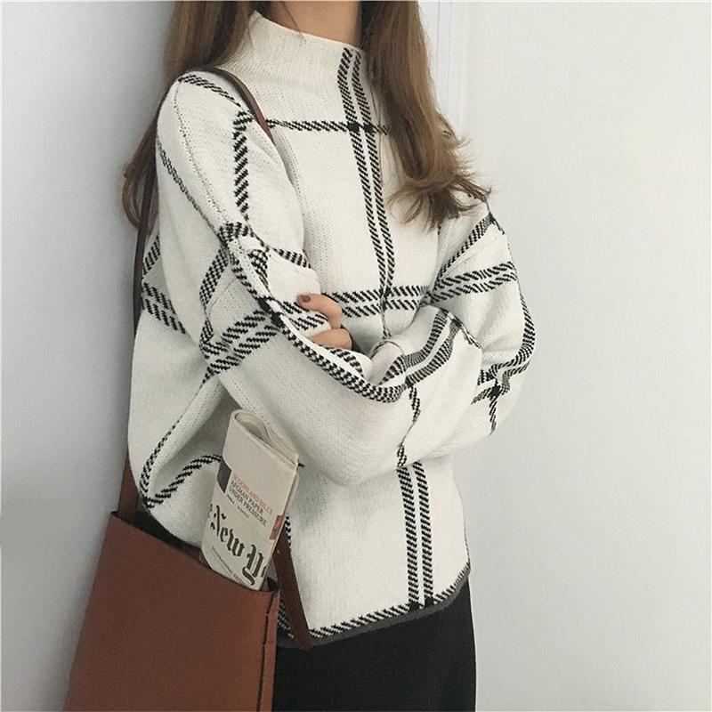 

2019 Autumn Winter New Plaid Pullovers Sweaters Women Elegant Fine Knitted Turtleneck Long Sleeve Sweater Female Knitwear MujerMX190820, Black