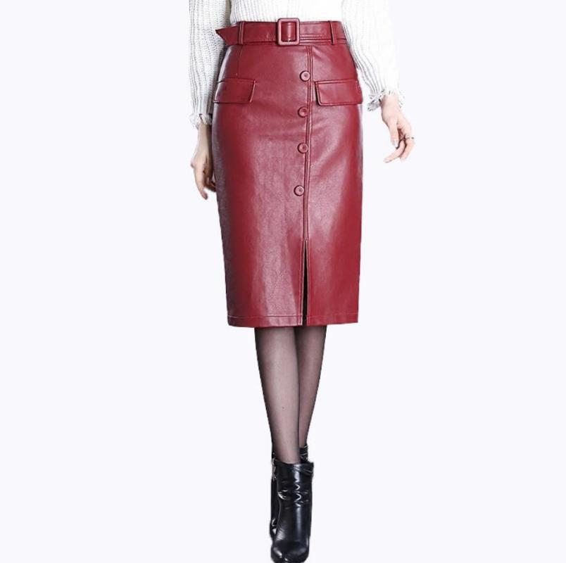 

Plus size 4xl! spring autumn Women Office PU Leather Skirt Ladies high waist Button Split Pockets step skirt with belt q725, Black