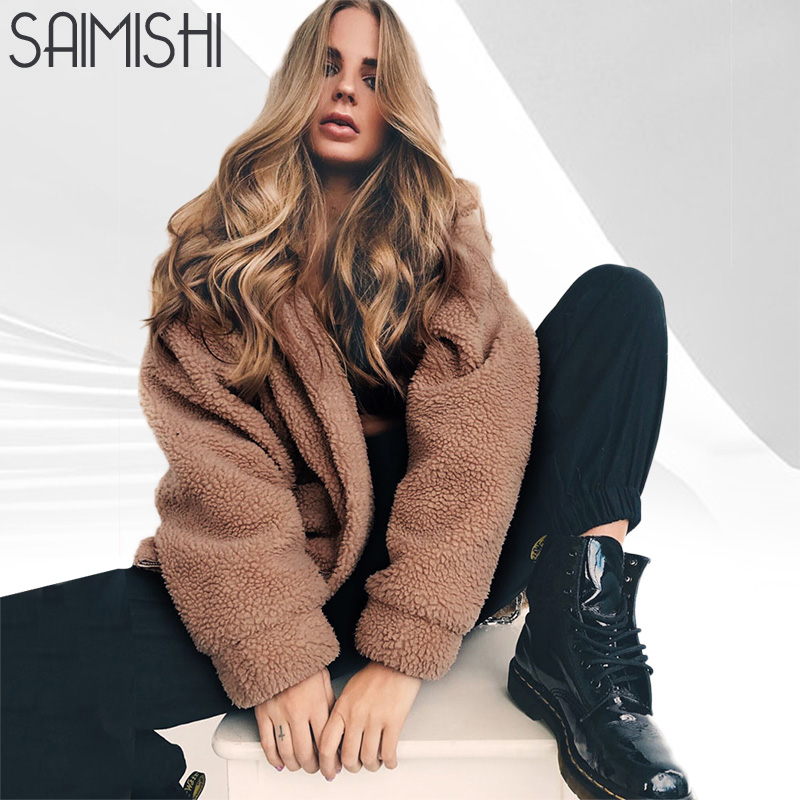 

Saimishi Faux Fur Winter Jacket Women 2019 Casual Female Fur Coat Warm Soft Overcoat Short Plush Loose Coats Plus Size Outerwear, Red