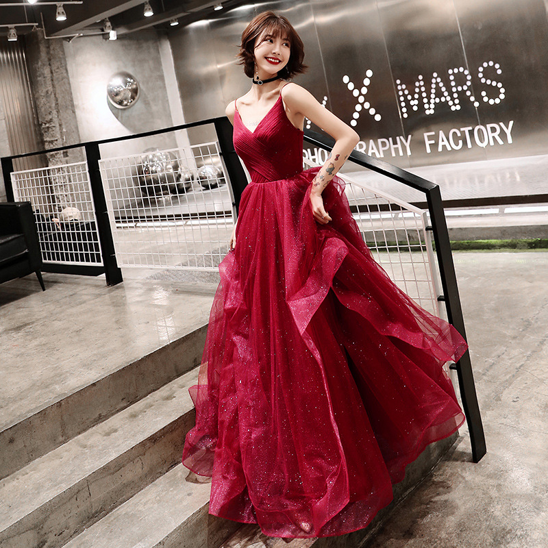 

Burgundy V-Neck Female 2020 Fashion Sequins Stage Show Performance Dress Woman Spring Summer Sexy Beach Maxi Mesh Dresses