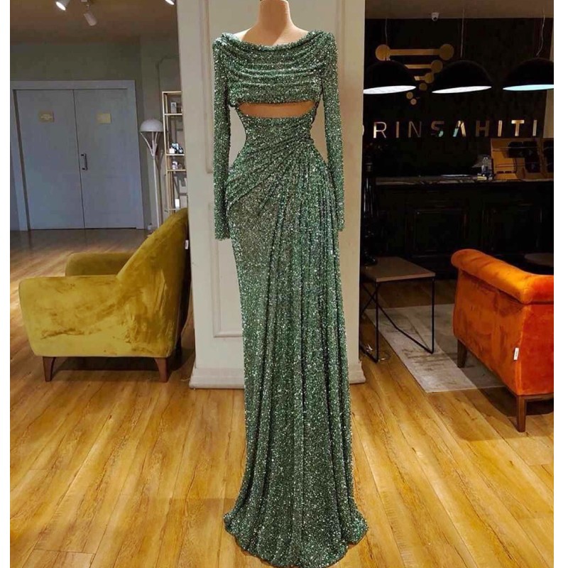 

Blingbling Sequins Prom Dresses Long Pleats Scoop Long Sleeves Mermaid Evening Gowns Open Bust Sexy Cocktail Dress Cheap Vestidos, Orange
