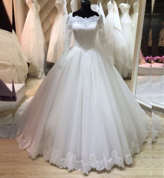 

Real Pictures Wedding Dresses Long Sleeves Princess Ball Gown Bridal Dress with Lace Trim, White