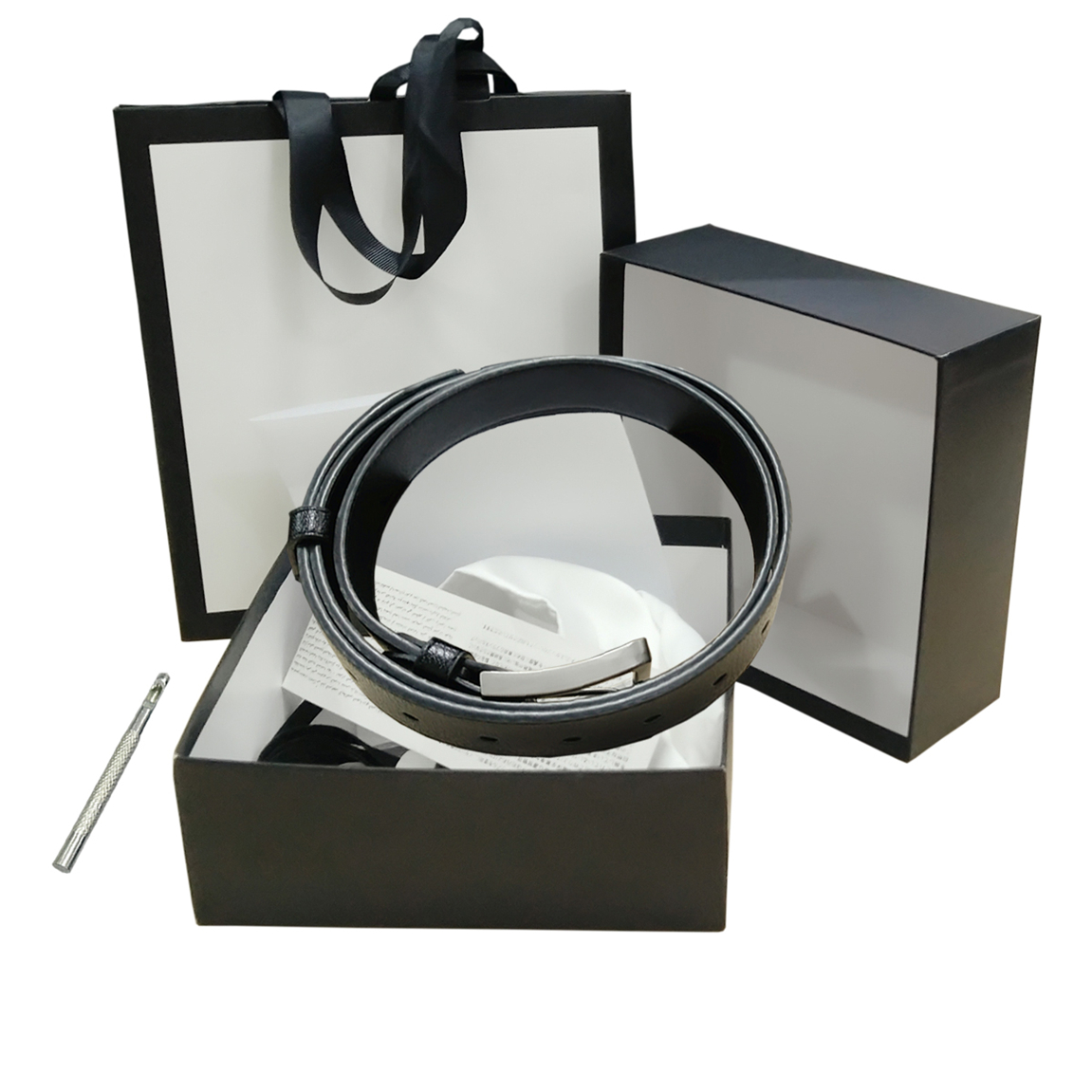 

Belts Womens Mens Belt Black Genuine Leather Gold Smooth Buckle with White Box White Dust Bag White Gift Bag Black Card 55 112