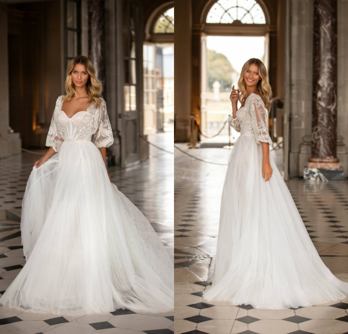 

Milla Nova 2021 Wedding Dresses Sweetheart 3/4Long Sleeve Lace Appliques Beach Bridal Gowns Custom Made Sweep Train A-Line Wedding Dress, Silver