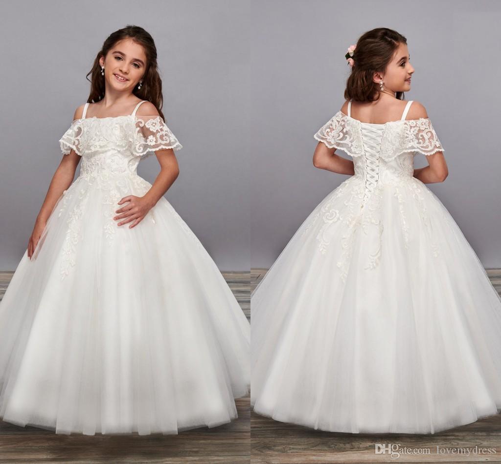 

Love Boho Off Shoulder Lace Flower Girls Dresses For Wedding Princess Spaghetti Ball Gown First Communion Dress Holy Birthday Party Dress, White