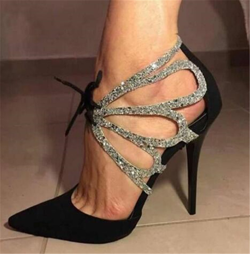 

Women Luxurious Fashion Pointed Toe Suede Leather Stiletto Heel Sequined Pumps Lace-up Shining High Heels Formal Dress Shoes, Black