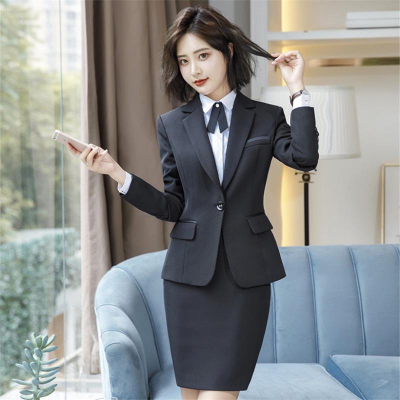 

Custom Made New elegant Business skirt suit women autumn formal long Sleeve slim Career blazer and skirt office ladies, Dark grey