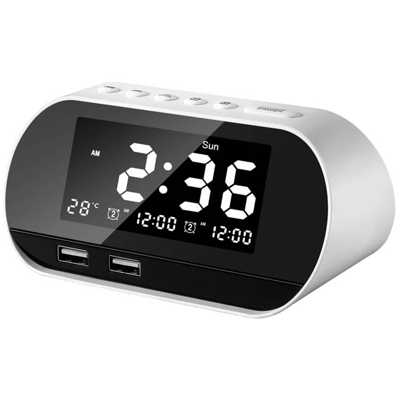 

NEW-Bedroom Alarm Clock FM Radio Calendar LED Digital Display 2 USB Charger US Plug