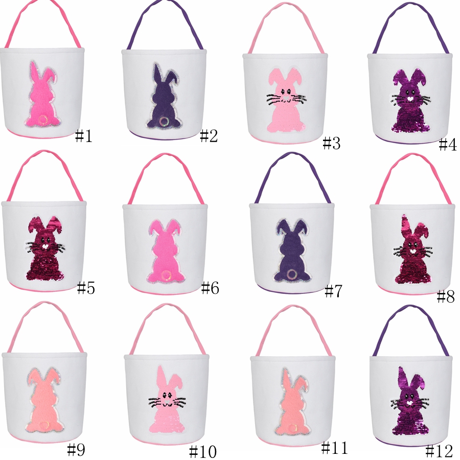 

12styles Easter Basket Sequin Rabbit Baskets Canvas Easter Tote Gift Carry Eggs Candy Bag Plush Round Bottom Storage Handbags GGA3028-2, As pic